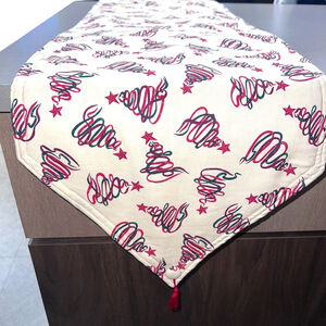 Christmas Reversible Table Runner Cream Christmas Trees Red Gold Sparkle 70"x13"